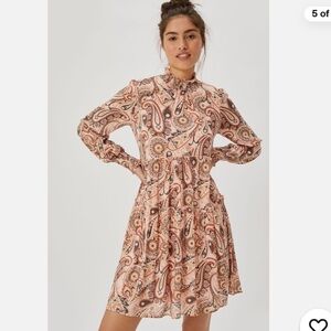 ANTHROPOLOGIE Cady Mock Neck Tiered Mini Dress Long Sleeves Paisley Peach Boho